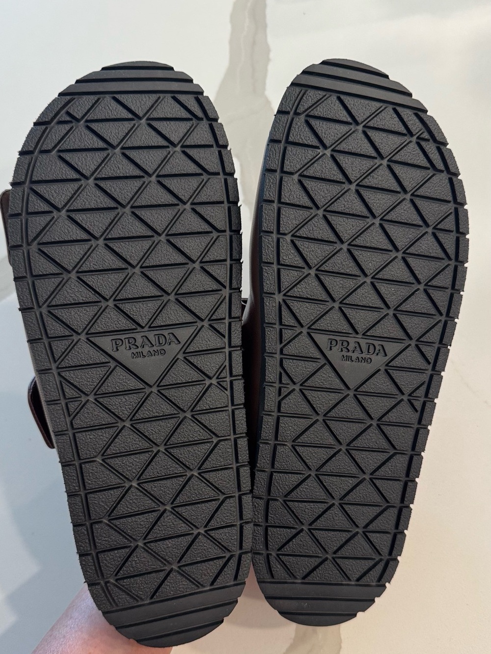 Women’s Luxury Prada Brown Leather Dual-Strap Slide Sandal with Gold Logo - Picture 9 of 14